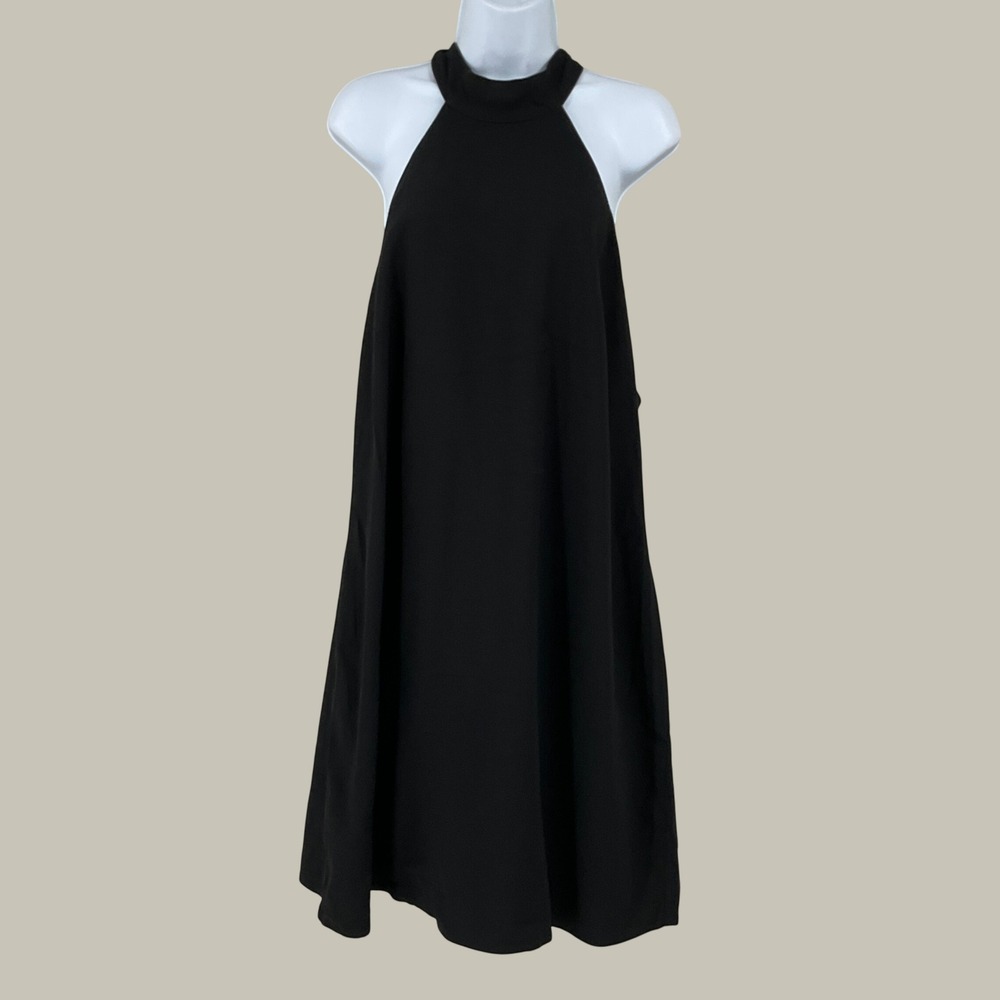 MNG Mango Halter Dress Womens 12 Black Open Back Tie Neck Shift Minimalist LBD